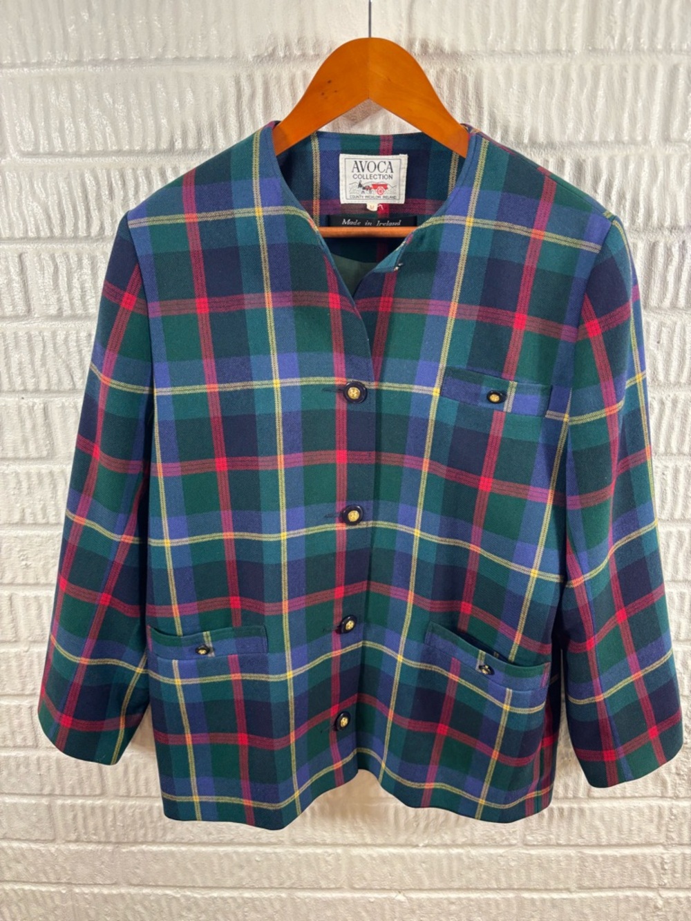 Avoca Collection Women's Irish Wool Blazer Navy Forest Red Plaid Vintage‎ Medium